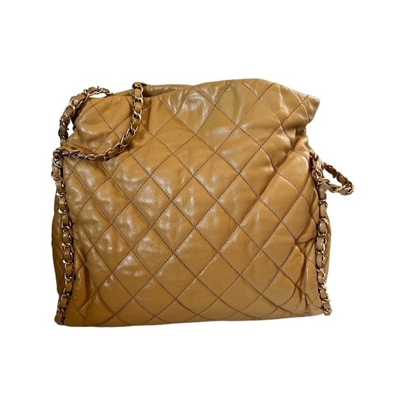 CHANEL Authentic Calfskin Leather Quilted Chain Tote Tan Medium - Picture 2 of 16